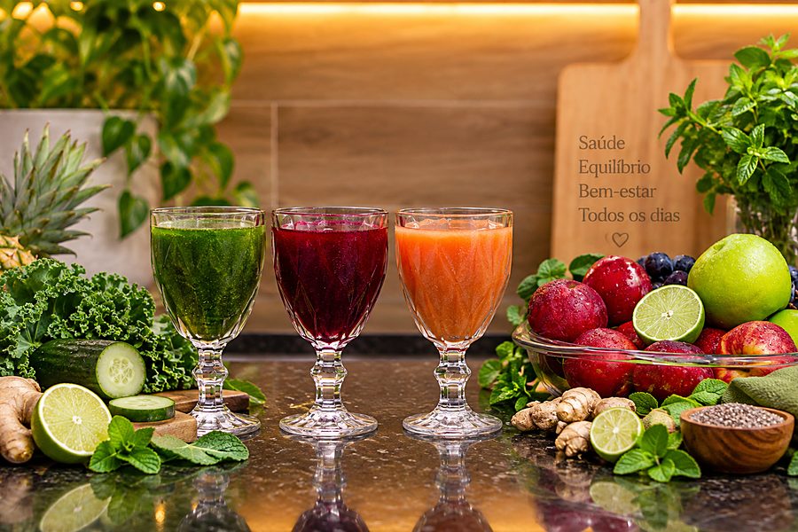 Três sucos naturais em taças — verde, de beterraba e de cenoura — numa bancada com frutas, folhas, gengibre e plantas ao fundo.